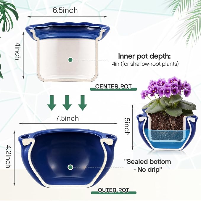 2 Sets African Violet Pots 7.5 Inch Self Watering Pot for Indoor Ceramic Self Watering Planter for Flower Lovers Ideal Plant Pot Thriving Flower Maintenance