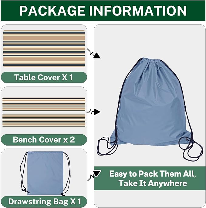 Picnic Table Cover with Bench Covers Elastic Edges, Mountain Camper Fitted Table Cover, Outdoor Patio Camping Essentials 72 Inch 3PCS, Waterproof Camping Fitted Tablecloth with Drawstring Bag