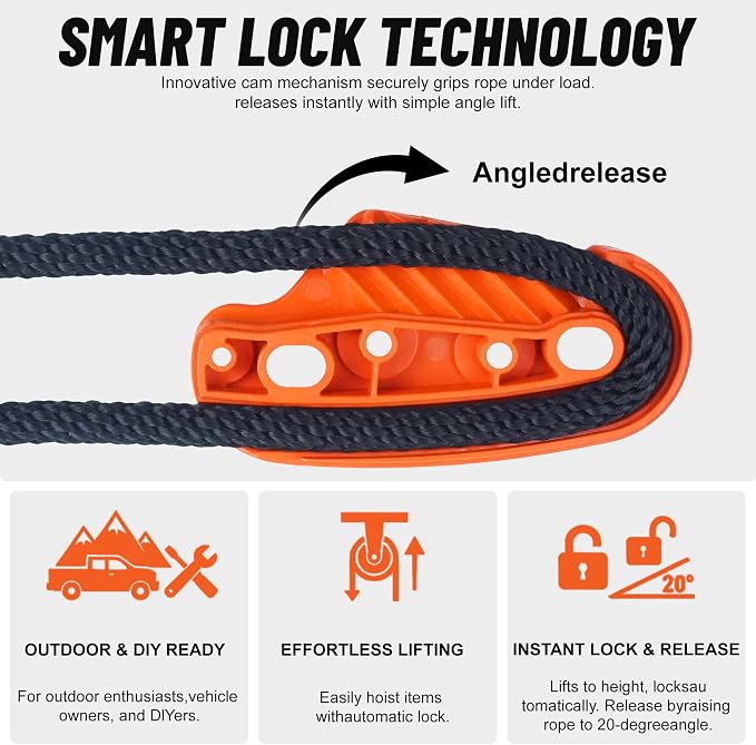 Heavy Duty Rope Fastening Device - 3/8 Inch, Easily Lift Heavy Objects and Hang Them securely, Self-Locking Alternative to Traditional Tie Down Straps (Orange 1-Pack)