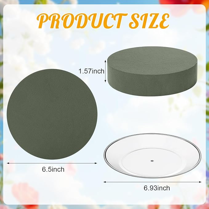 Threlaco 6 Sets Round Floral Foam and Clear Plastic Saucer Plant Drip Tray Floral Flower Dish Green Foam for Artificial Flowers Wedding Home Party Decoration (7.5 Inches)