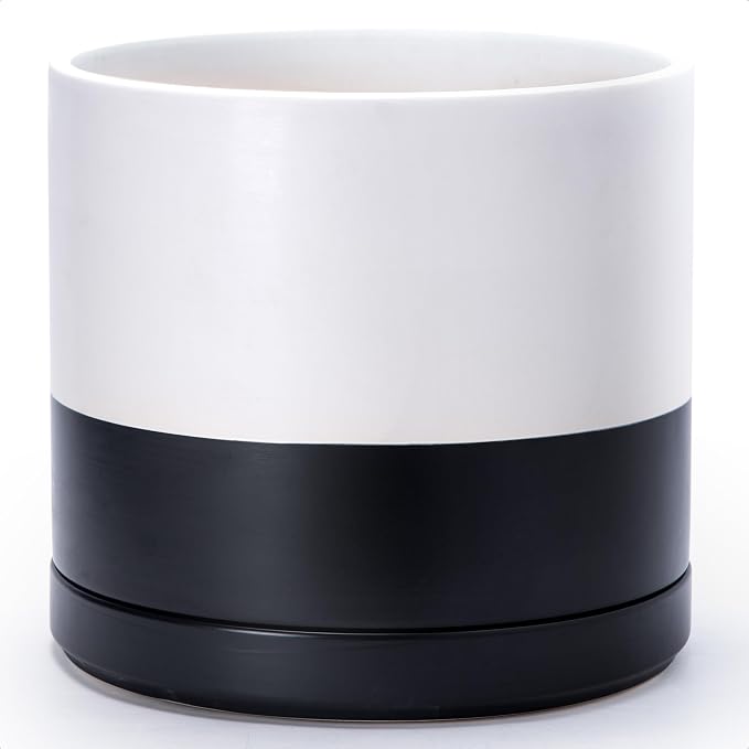 D'vine Dev 14 Inch Ceramic Planter Pot with Drainage Hole and Saucer, Indoor Cylinder Round Planter Pot, Layered Monochrome Black & White, 94-O-G-L