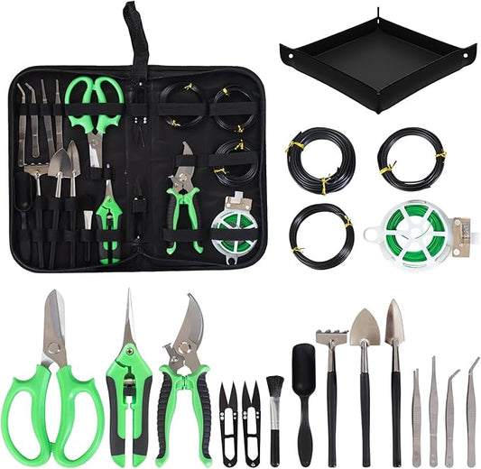 Bonsai Tools Kit 20 Pcs Garden Tools Set for Starters, Gardening Gifts for Women Men Includes Bonsai Wire Kit, Plant Mat, Pruning Shears, Bonsai Scissors, Succulent Tools in Leather Storage Bag