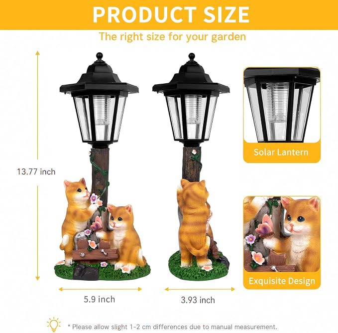 Solar Cat Garden Decor, Outdoor Statues with LED Lantern Cat Figurine for Outside Patio Yard Backyard Gifts for Mother's Day Birthday Housewarming