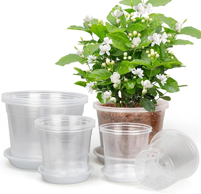 RAOOKIF 10/8/6/5 Inch Clear Nursery Pots with Drainage Hole and Saucers, 12 Pack Large Nursery Pots for Plants for Indoor Outdoor, Plastic Clear Plant Pots for Flowers, Succulents, Vegetables