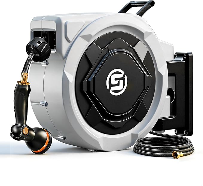 SUNPOW Retractable Garden Hose Reel - 1/2" x 150ft Wall Mounted Hose Reel with 3/4'' Brass Fitting & 10-Pattern Nozzle - Auto Slow Retraction, Any-Length Lock, 180°Swivel for Lawn & Gardening
