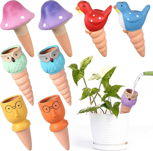 Domensi 8 Pack Terracotta Plant Watering Devices, Self Watering Spikes, Mushroom, Bird, Head, Owl-Shaped, Automatic Insert System Decorative Stakes, Cute Plant Spikes for Indoor Outdoor Plants