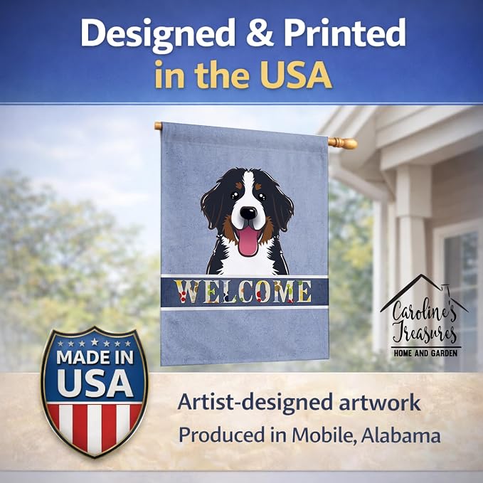 Caroline's Treasures BB1423CHF Bernese Mountain Dog Welcome House Flag, Blue Large Porch Sleeve Pole Decorative Outside Yard Banner Artwork Wall Hanging, Polyester, House Size, Multicolor
