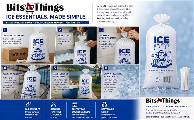 Ice Bag Blue 20 lb 14" x 27" 250 Count | Twist Ties Included | Heavy Duty Storage Bags | Retail Sales, Parties, Camping & Food Cooling | LDPE Plastic Bags | Bits N Things