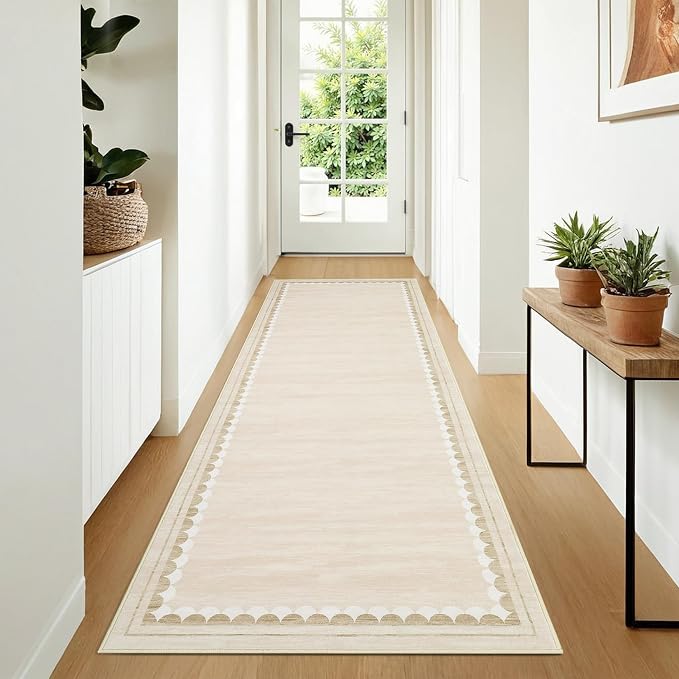 COZYLOOM Entryway Rugs Indoor 2x6 Washable Runner Rug with Rubber Backing, Bordered Non Shedding Stain Resistant Accent Rug, Low Pile Soft Contemporary Carpet for Kitchen, Hallway, Bedroom, Beige
