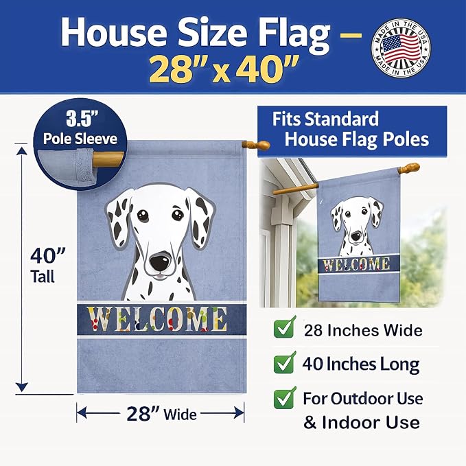Caroline's Treasures BB1396CHF Dalmatian Welcome House Flag, Blue Large Porch Sleeve Pole Decorative Outside Yard Banner Artwork Wall Hanging, Polyester, House Size, Multicolor