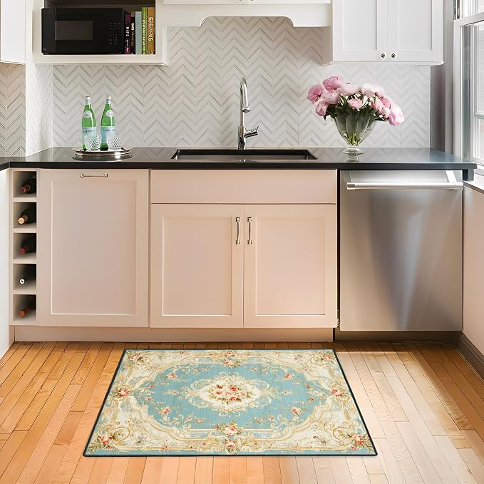 Pink Floral French Country 2x3 Entry Rug,Washable Small Rugs for Entryway Kitchen Bathroom Door Mat Indoor Entrance,Non Slip Rubber Backing,Stain & Fade Resistant,Elegant Vintage Decor