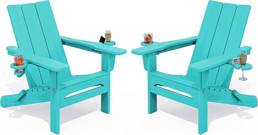 SERWALL Modern Adirondack Chair Set of 2, Folding Adirondack Chair with Cup Holders, Outdoor HDPE Adirondack Chair, Teal