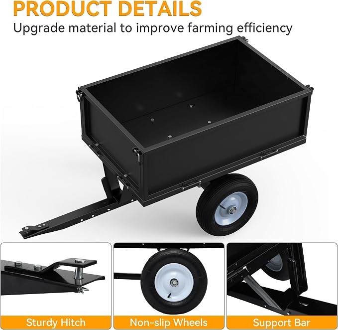YINTATECH ATV Trailer Steel Dump Cart,Heavy Duty Pull Behind Dump Trailer with Fold-Down Side Panels, Yard Garden Utility Trailer for Lawn Mower Trailer Tractor, Alloy Steel, Black