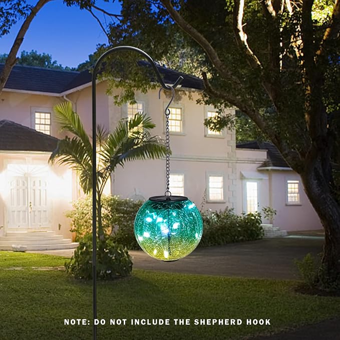Mosaic Solar Hanging Lantern Green Glass Outdoor Waterproof Solar Lights | Hanging Solar Lights for Outside, Cracked Mosaic Ball Lights Solar Powered Waterproof Garden Lights Housewarming Gifts
