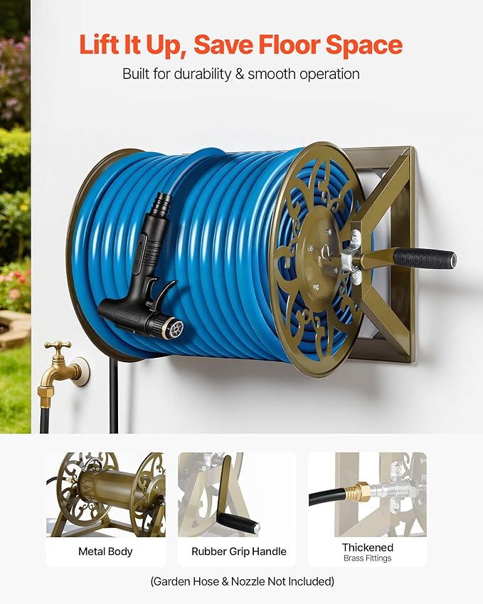 VEVOR Wall Mounted Garden Hose Reel, Holds 200 Feet of 5/8-inch Hose, Outdoor Heavy-Duty Waterhose Holder Winder, with Brass Connector, Decorative Pattern, Bronze Finish, for Backyards and Gardens