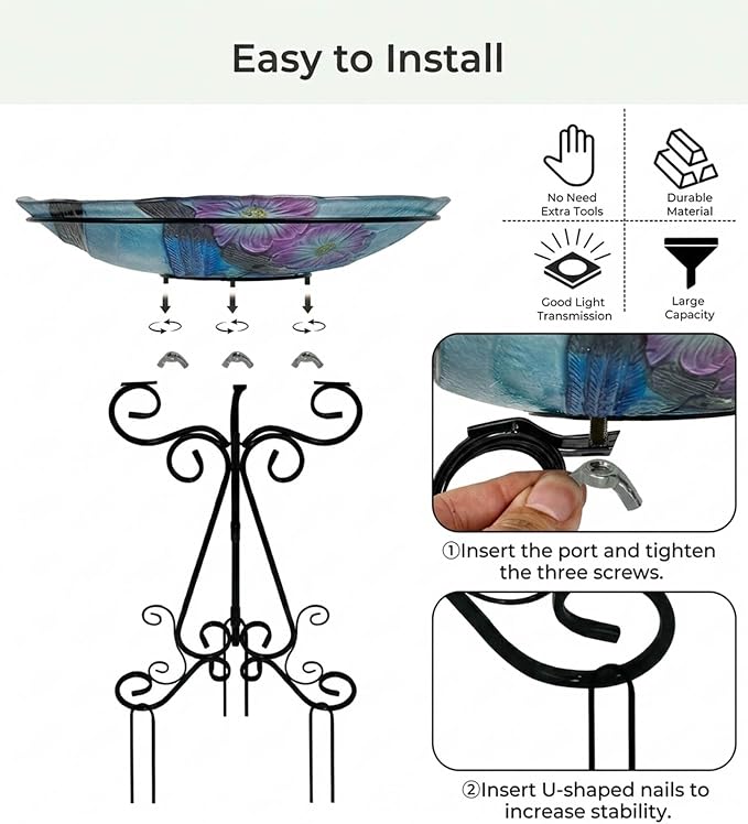 Large Bird Bath for Outside, 18" H Glass Bath Bowl with Metal Stand 28" H Standing Outdoor Birdbaths for Garden Yard Lawn Decor, Blue Jay