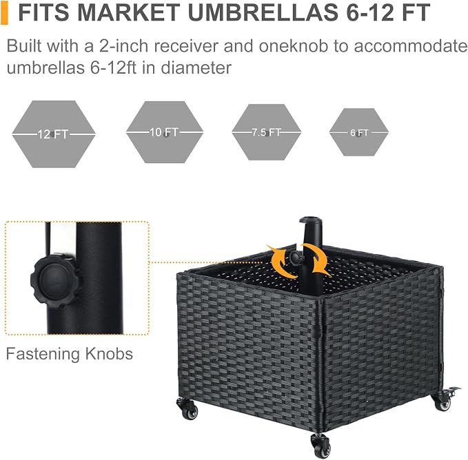 SUNNYPARK Umbrella Base with Wheels and Fillable Planter 2 in 1 | 120lbs Capacity, Heavy Duty, Hand Woven Rattan Style, Portable Decorative Umbrella Stand for Garden Backyard Deck Poolside