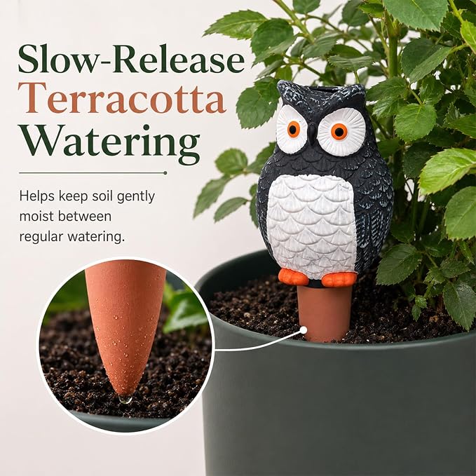 Terracotta Watering Spikes 4 Pack, Cute Self Watering Plant Spikes, Clay Plant Watering Devices, Slow Release Self Watering Planter Insert for Indoor Outdoor Potted Plants (Owl) | Porous terracotta, Top refill design, Decorative owl shape, Easy plant care