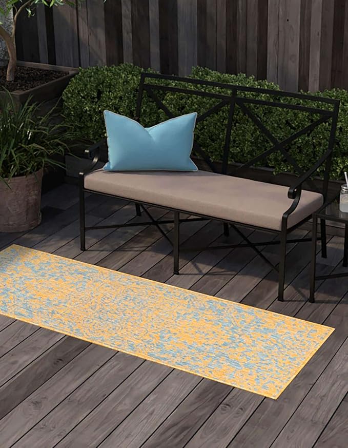 Unique Loom Jill Zarin Jill Zarin Outdoor Collection Area Rug - Dubai (2' x 8' Runner, Yellow and Aqua/Light Blue)