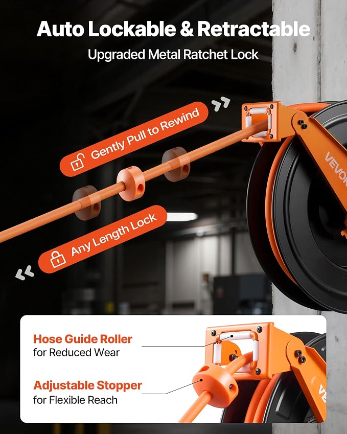 VEVOR Retractable Air Hose Reel, 1/2 Inch x 50 FT Rubber Air Hose Max 300PSI, Auto Rewind Air-Compressor Hoses Reel with 5 ft Lead in, Ceiling/Wall Mount Heavy Duty Steel Double Arm