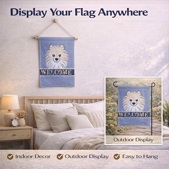 Caroline's Treasures BB1393GF Pomeranian Welcome Garden Flag, Blue Mailbox Flag Decorative Yard Flag Banner Outside Patio Artwork Yard Flower Beds, Garden Size, Multicolor
