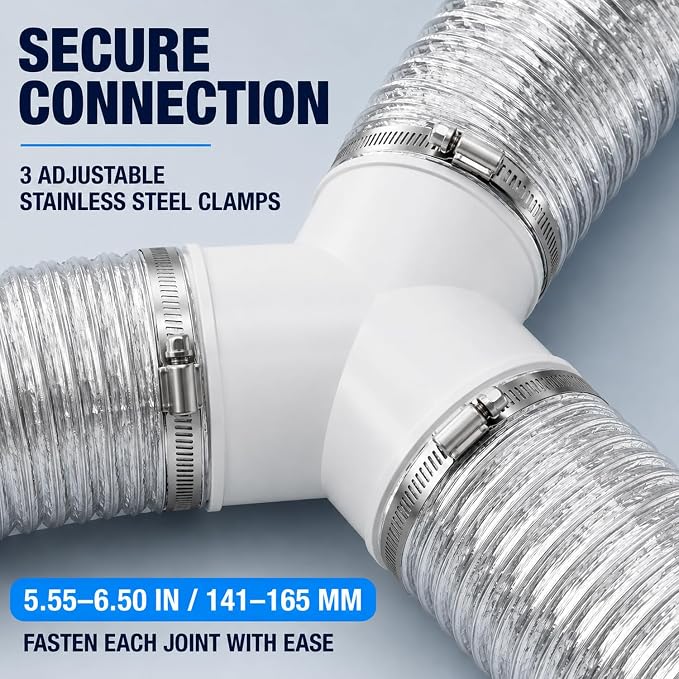 Enenes Duct Splitter 6 Inch 3 Way Duct Connector for HVAC, Dryer Vent Hose | Designed for Fresh Air, HVAC and Exhaust Ventilation Systems with Smooth Y-Shaped Airflow and 3 Stainless Steel Hose Clamps