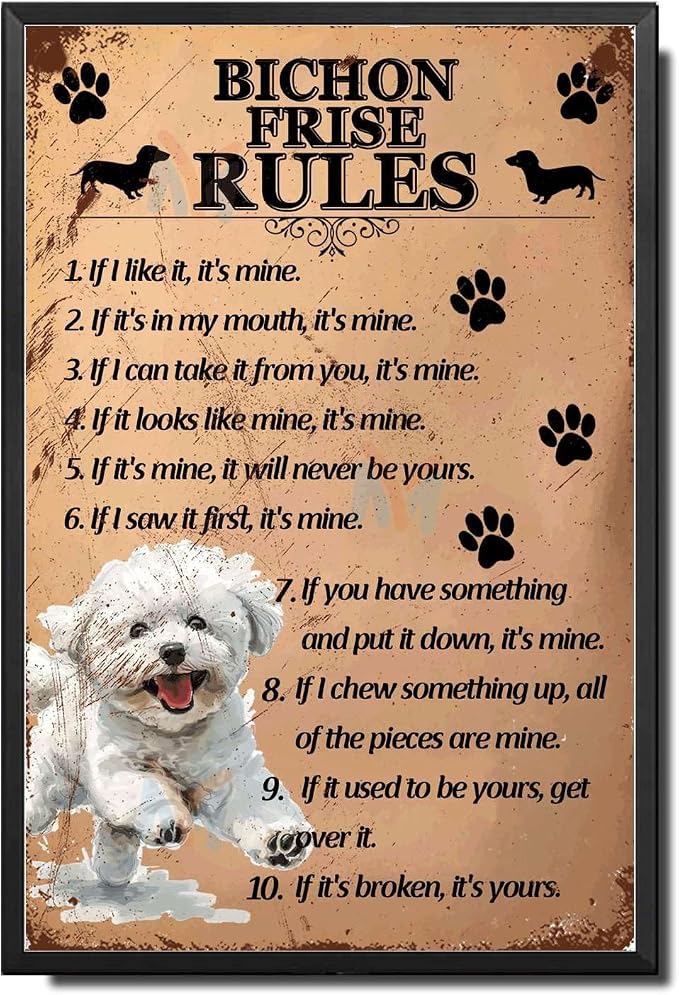 Metal Sign Tin Sign Vintage Wall Art Bichon Frise Rules Bathroom Signs for Home for Restaurant 8×12 Inches with Metal Frame