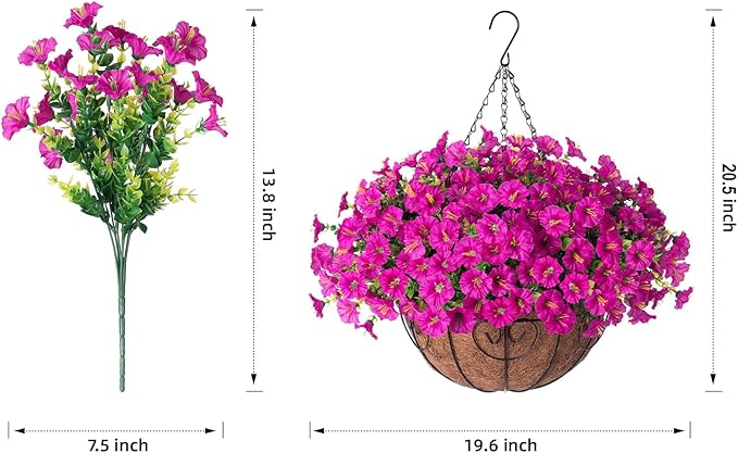 2 Set Artificial Hanging Flowers Baskets Fake Plants for Outdoors Spring Porch Decor, 24 Pcs UV Resistant Faux Silk Morning Glory Eucalyptus with 2 Hanging Planters Realistic for Outside Patio Outdoor