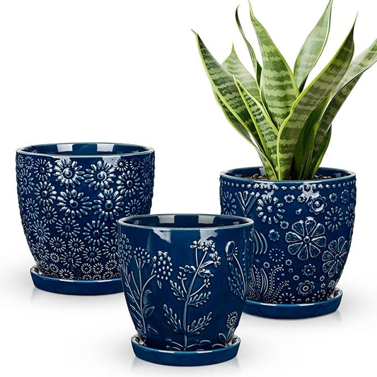 Hollyone Set of 3 Blue Ceramic Planter 6 Inch Flower Plant Pot with Drainage Hole and Saucer for Plants Embossed Indoor Outdoor Garden Embossed Ceramic Glazed Round Pot for Succulent Orchid