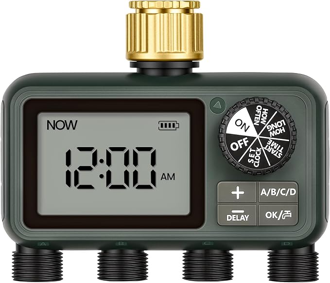 Brass Sprinkler Timer with Swivel, Programmable Water Timer for Garden Hose with Auto/Manual/Rain Delay Watering, Digital Irrigation System Kit,for Garden, Yard, Lawn 4 Outlet F14WT06