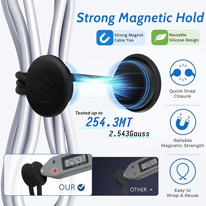COOLMI Magnetic Cable Ties 24 Pack, 6.88 Inch Reusable Silicone Cord Organizer Wraps, Strong Magnet Cable Management Straps for Charging Cords, USB Cables, Earbuds, Desk, Travel, Black
