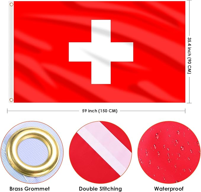 AhfuLife Switzerland Flag 3x5 Ft, Large Switzerland National Flags for Outside - Double Side with Brass Eyelets for Olympic Party Decorations, Bar Garden Street Decoration Indoor Outdoor