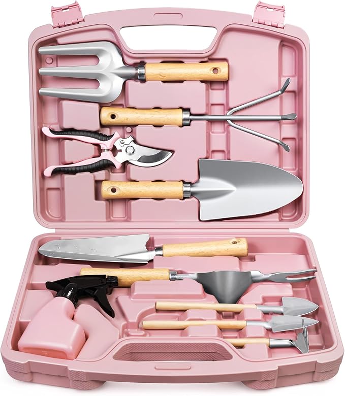 Grenebo 12-Piece Womens Gardening Tools Gift Set, Rust-Proof & Heavy-Duty Garden Tools with Durable Carrying Case, Fashionable & Thoughtful Gardening Gifts for Women&Men (Pink-Silver)