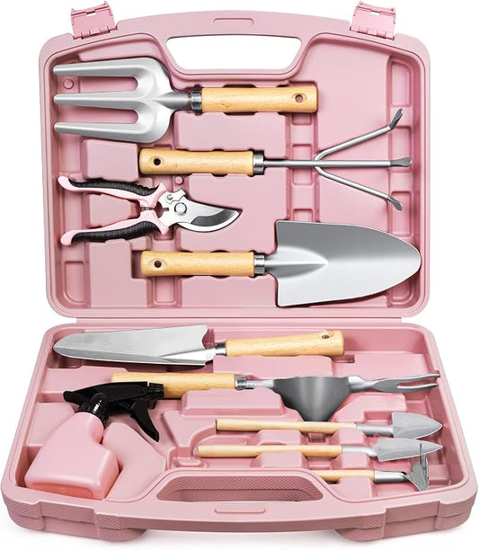 Grenebo 12-Piece Womens Gardening Tools Gift Set, Rust-Proof & Heavy-Duty Garden Tools with Durable Carrying Case, Fashionable & Thoughtful Gardening Gifts for Women&Men (Pink-Silver)
