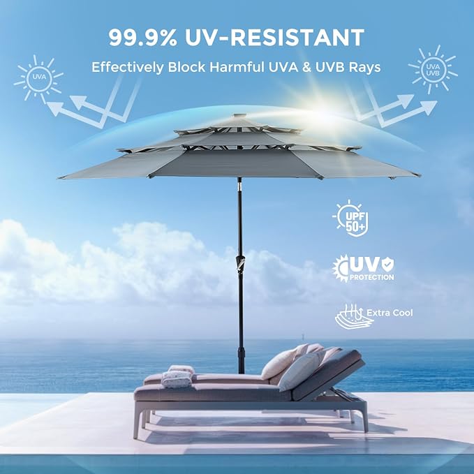 HOMSHADE 3-Tier Patio Umbrella with Solar Lights(Grey,No Base) | 5-Year Fade Resistant;32 LED Lights;Windproof;8 Thicker Ribs;UPF50+;Pool Garden Deck
