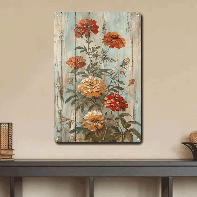 Metal Sign Tin Sign Vintage Wall Art Rustic Symbol Marigolds Tin Sign for Easy Installation Weather Resistant Design and Vintage Charm Home Decor for Pub 8×12 Inches