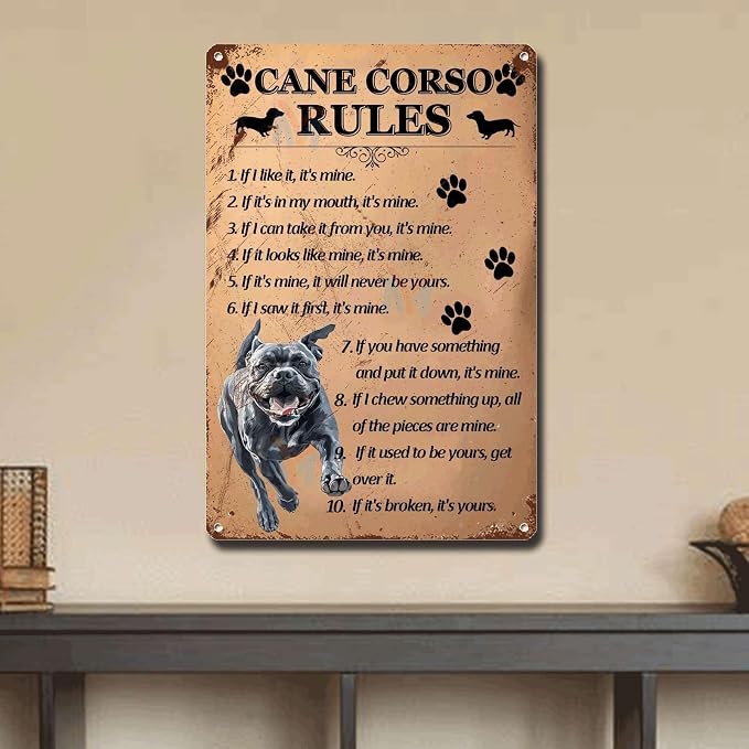 Metal Sign Tin Sign Vintage Wall Art Cano Corso Rules Funny Garden Signs for Club 6×8 Inches