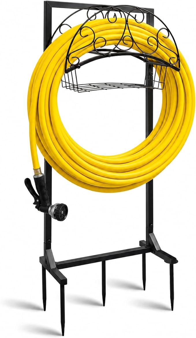 Garden Water Hose Holder - Waterhose Stand for Outside Freestanding, Heavy Duty 5-Spikes Free Standing Hose Hanger Rack Organizer with Storage Basket Holds 160ft Water Pipe for Yard Lawn