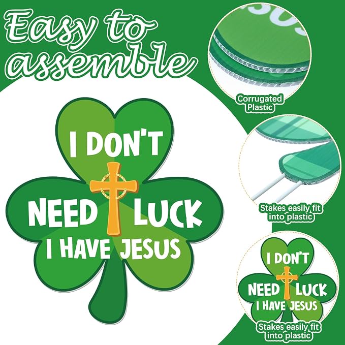 Menkxi 12 Pcs St. Patrick's Day Christian Yard Sign Decoration Outdoor with Stake Religious Saint Patty's Shamrock Green Jesus Cross Blessed Lawn Sign for Irish Faith Sunday School Church Garden Decor