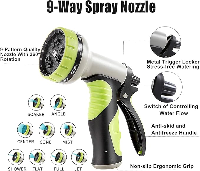 Garden Hose 75 ft Heavy Duty-Water Hose with 9 Way Spray Nozzle and Flexible 4 Layers Hybrid-3/4’’ Nickel Plated Brass Fittings-5/8’’ Inner Core-Lead-Free Outdoor Durable Lightweight Pipe Set