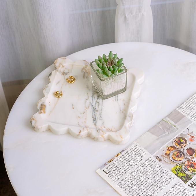 Karibiber Calacatta Marble Tray, 8in White Small Scalloped Tray, Decorative Trinket Dish, Premium Square Bathroom Vanity Tray for Earrings Rings Necklaces, Unique Stone Jewelry Dish Gift