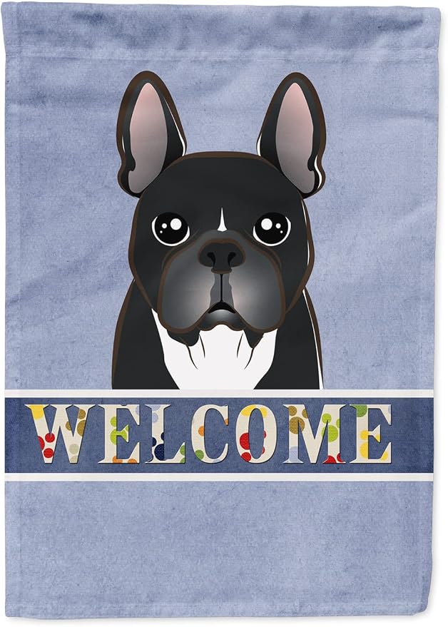 Caroline's Treasures BB1413CHF French Bulldog Welcome House Flag, Blue Large Porch Sleeve Pole Decorative Outside Yard Banner Artwork Wall Hanging, Polyester, House Size, Multicolor