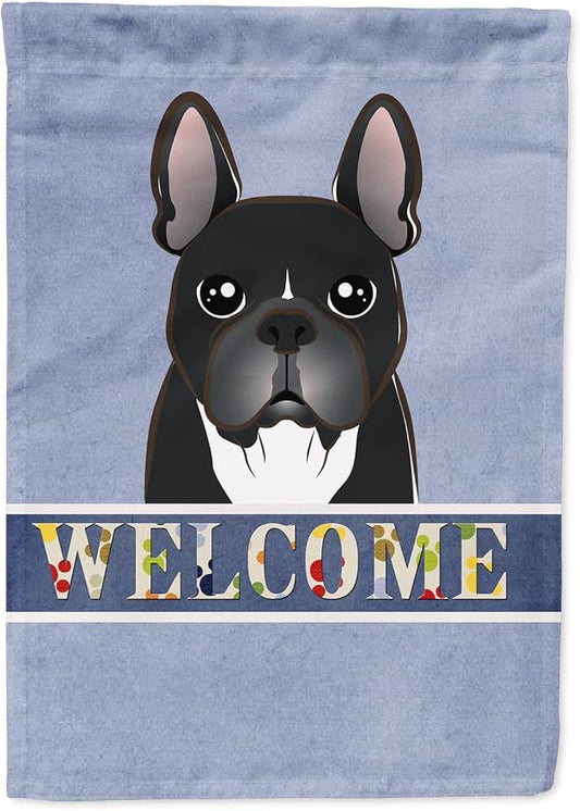 Caroline's Treasures BB1413CHF French Bulldog Welcome House Flag, Blue Large Porch Sleeve Pole Decorative Outside Yard Banner Artwork Wall Hanging, Polyester, House Size, Multicolor