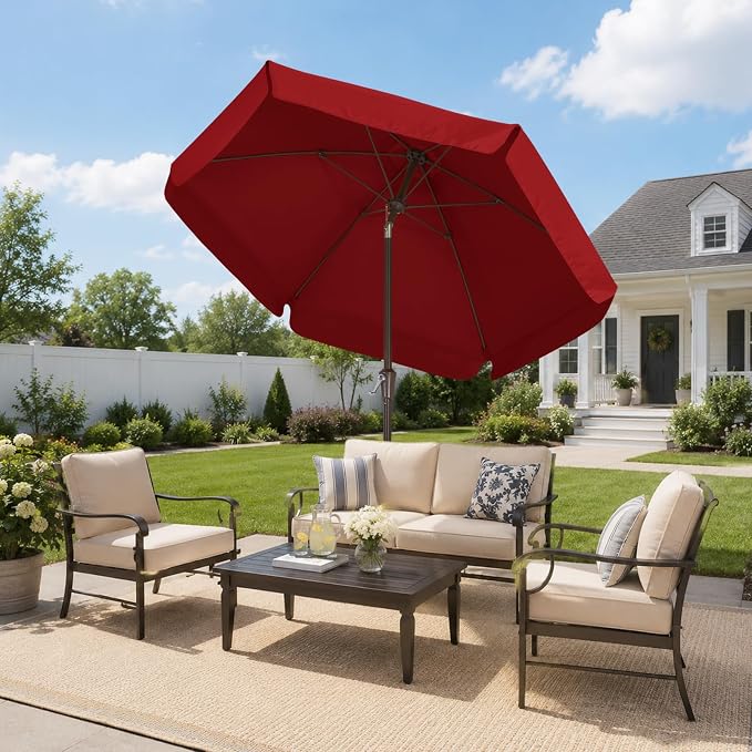 ABCCANOPY 7.5ft Scalloped Patio Umbrella, Outdoor Table Umbrella with Tilt and Crank, Fiberglass Ribs Deck Umbrella for Patio, Pool, Garden, Picnic (Burgundy)