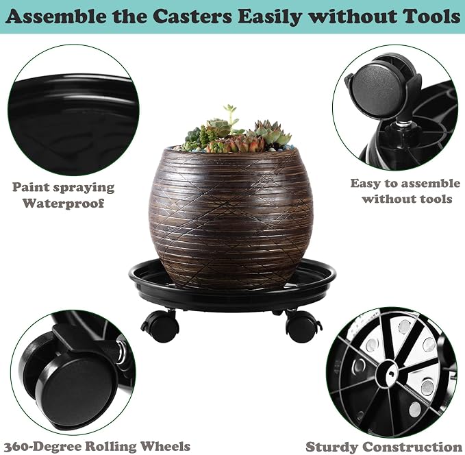 6 Packs Plastic Plant Caddy with Casters 12” Plant Dolly Heavy Duty Rolling Plant Stand with Wheels for Indoor and Outdoor Large Heavy Plant Pot Rollers, Black and Brown
