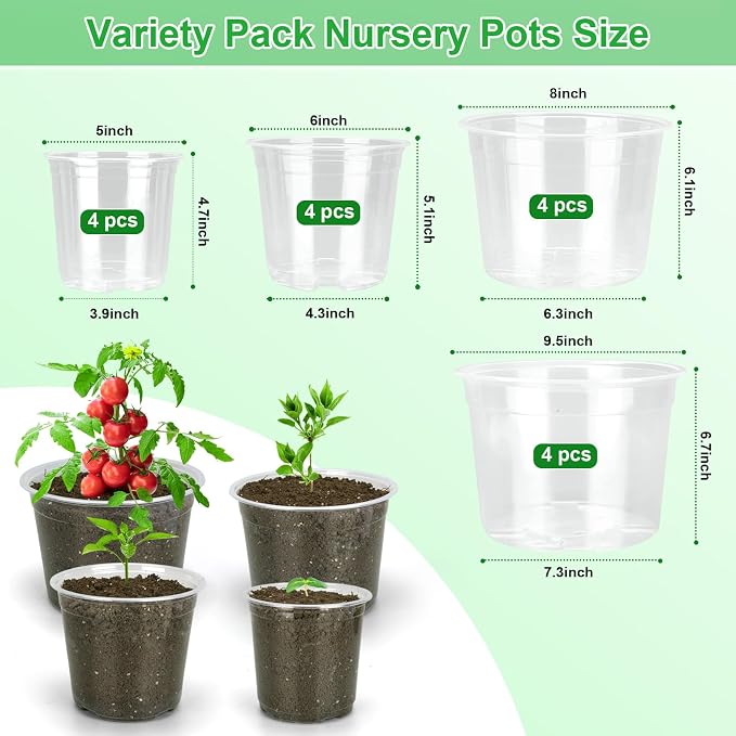 10/8/6/5 Inch Large Clear Nursery Pots with Drainage Holes, 16 Pack Gallon Clear Plastic Pots for Plants, Seedling Starter Pot, Garden Plant Pots for Succulents Flowers