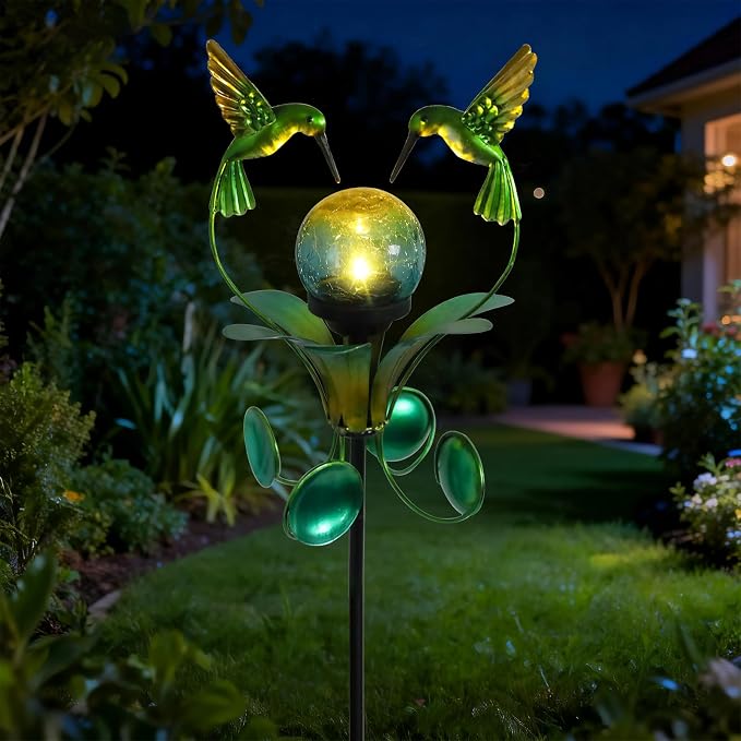 Decorative Solar Outdoor Light, Hummingbird Glass Globe Stake for Lawn Yard | Solar Hummingbird Lights With Wind Spinner Design, Crackle Glass Globe, Auto On/Off For Garden, Lawn, Yard