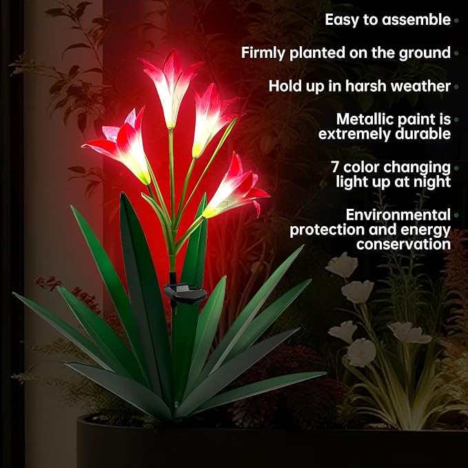 Homight Solar Metal Agave Lily Flower Garden Sculpture with LED Lights 30.3 Inch Waterproof Outdoor/Indoor Yard Decor Handmade Lawn Ornament Gift for Family Friends (2, Grass Green)