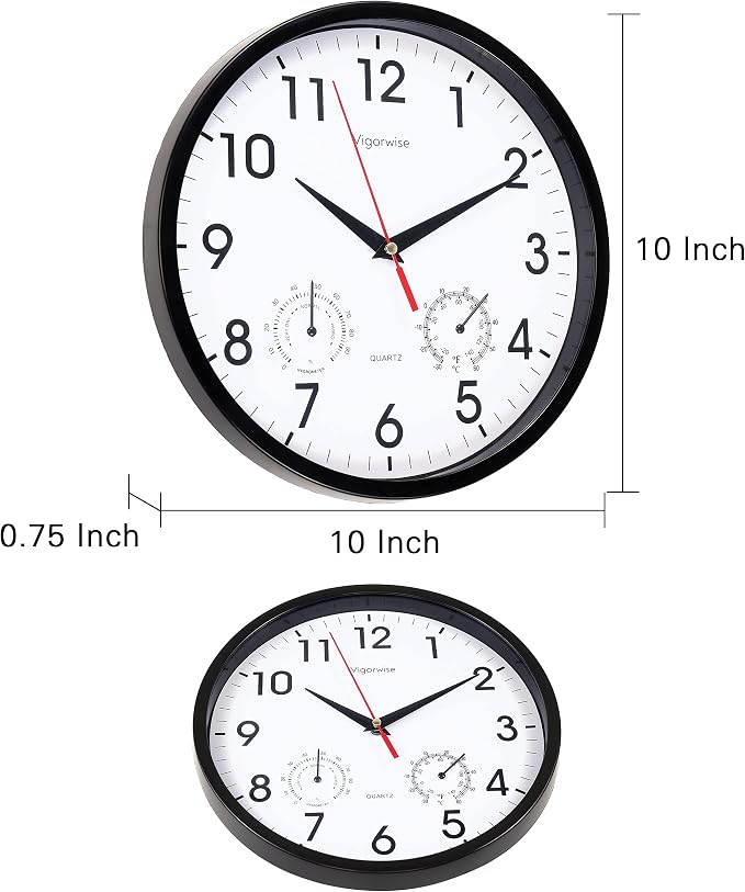 Wall Clock, Sweep Silent Movement Accurate Clocks with Temperature & Humidity, Decorative for Kitchen/Living Room/Bedroom/Office/School/Classroom (Black, 10 inch)