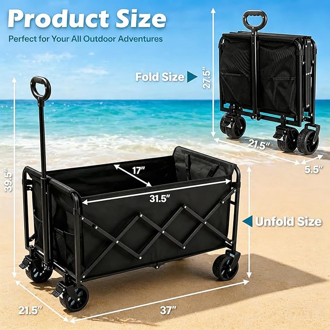Wagons Carts Foldable, Beach Wagon with Brakes & All-Terrain Wheels 560LBS Capacity Collapsible Wagon for Trips, Outdoor Camping, Sports & Garden Use